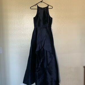 Lulus  fantasy satin navy blue A line spaghetti hand midi formal gown